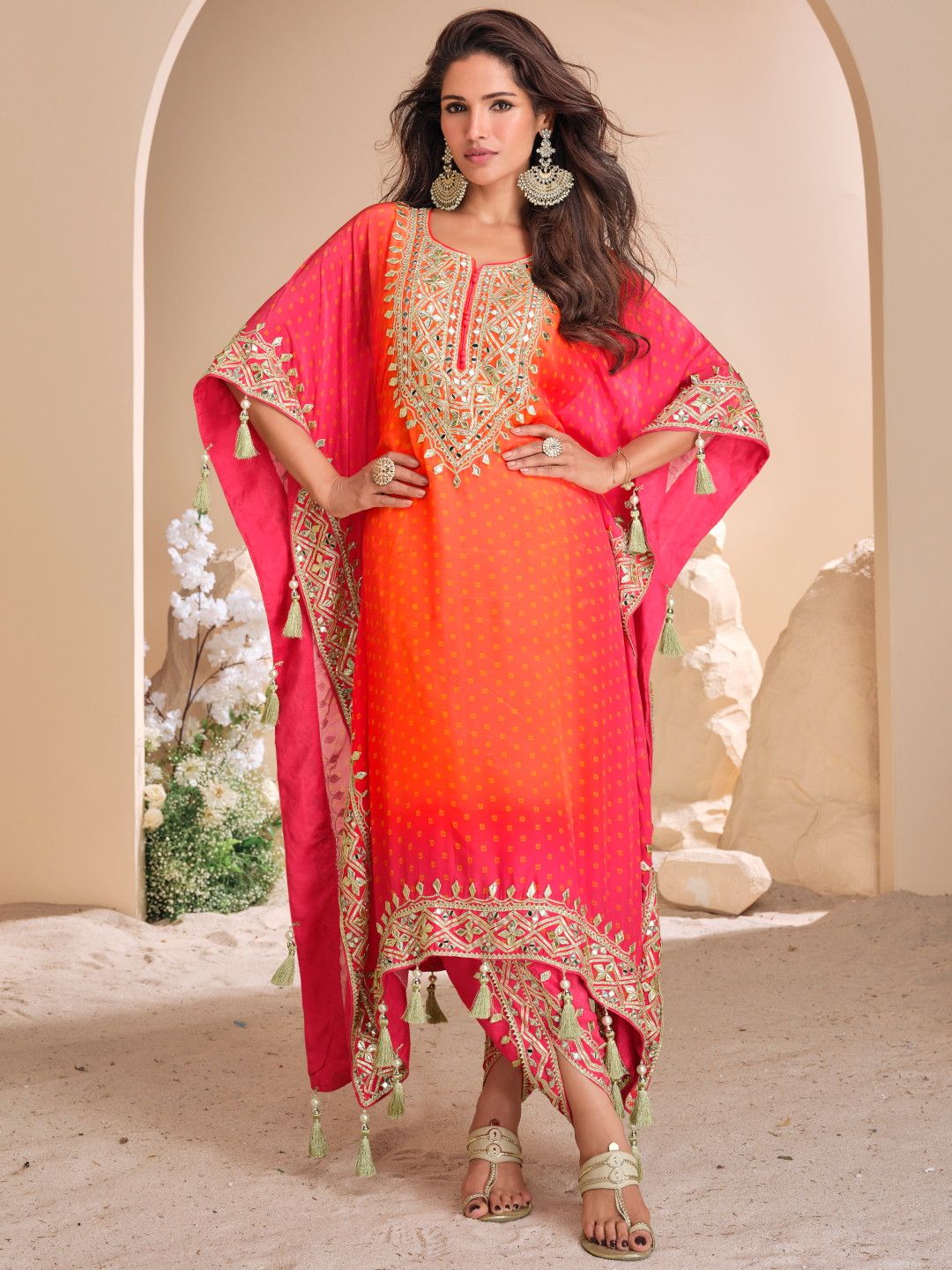 Designer Partywear Orange And Red Trending Ombre Heavy Gota Patti And Mirror Work Natural Crepe Kaftan Set