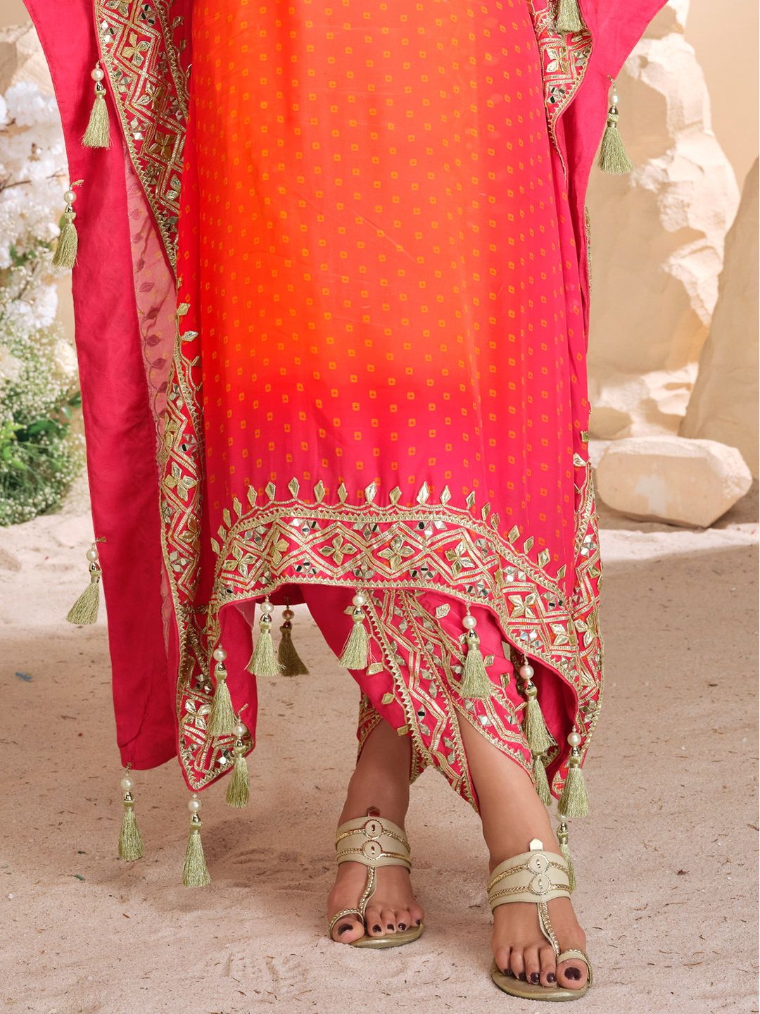 Designer Partywear Orange And Red Trending Ombre Heavy Gota Patti And Mirror Work Natural Crepe Kaftan Set