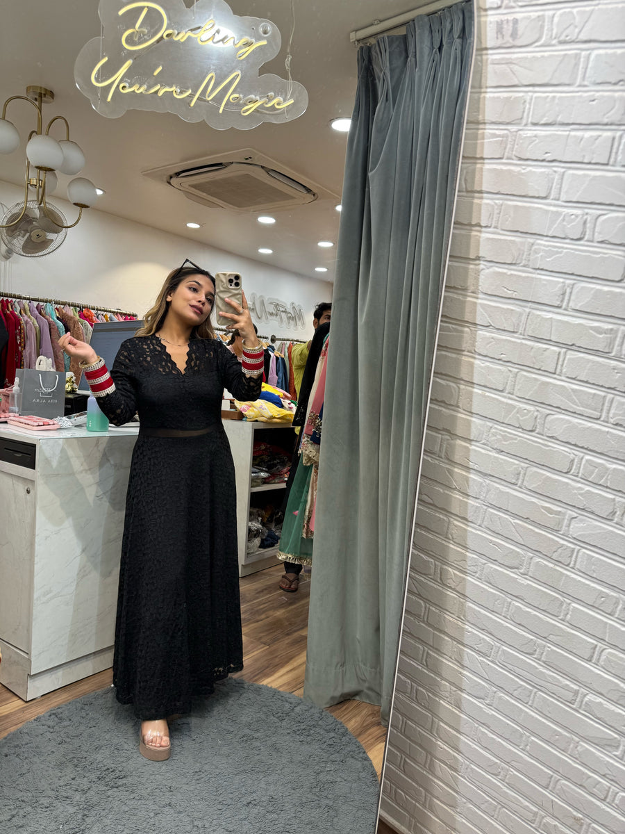 Imported Designer Power Net Stretchable Long Maxi Dress With Full Lining