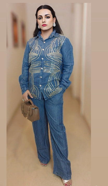 Partywear Soft Denim Coord Set With Sequins Embroidery