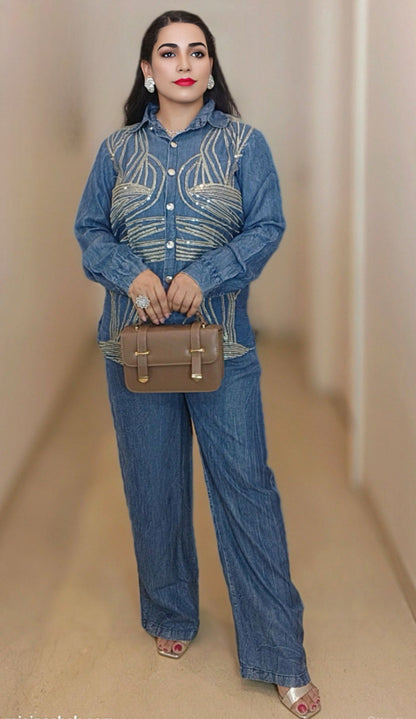 Partywear Soft Denim Coord Set With Sequins Embroidery