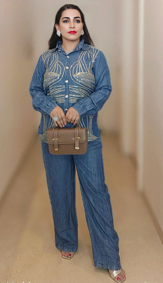Partywear Soft Denim Coord Set With Sequins Embroidery