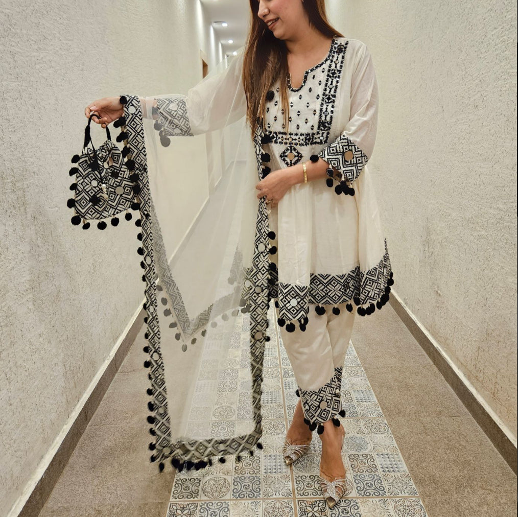 Pure Crepe Peplum Kurta With Embroidery, Mirrorwork And Pom Pom Lace