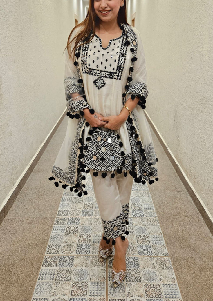 Pure Crepe Peplum Kurta With Embroidery, Mirrorwork And Pom Pom Lace