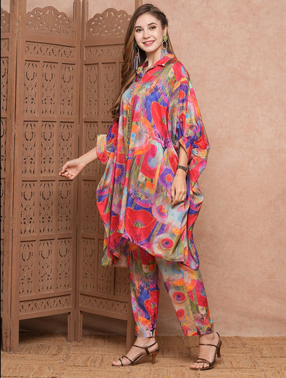 Designer Multi-colour Abstract Printed Sequins Embellished Kaftan Style Kurta with Pants Co-ord Set