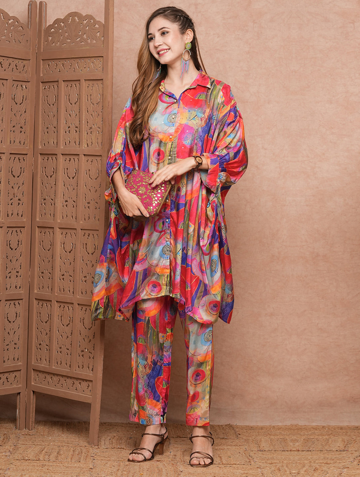 Designer Multi-colour Abstract Printed Sequins Embellished Kaftan Style Kurta with Pants Co-ord Set