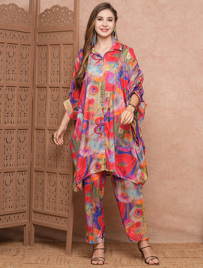 Designer Multi-colour Abstract Printed Sequins Embellished Kaftan Style Kurta with Pants Co-ord Set