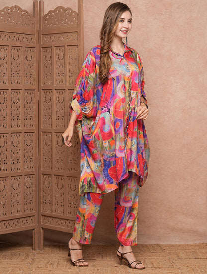 Designer Multi-colour Abstract Printed Sequins Embellished Kaftan Style Kurta with Pants Co-ord Set