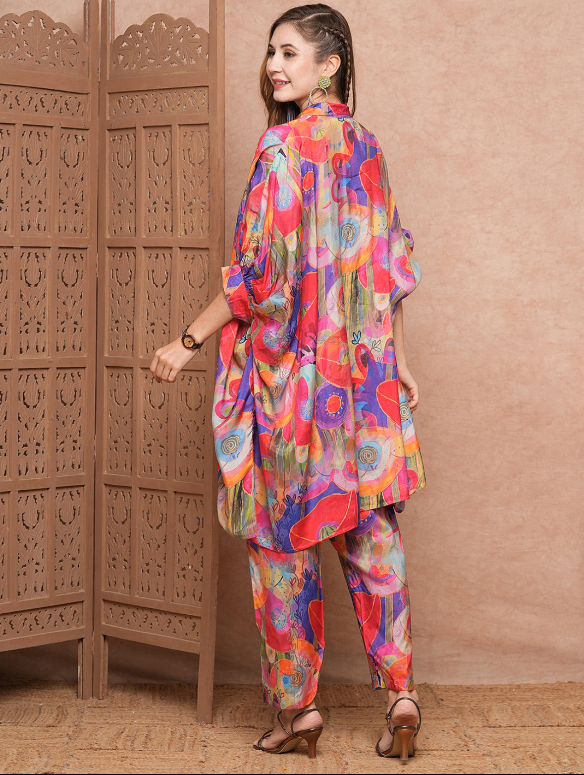 Designer Multi-colour Abstract Printed Sequins Embellished Kaftan Style Kurta with Pants Co-ord Set