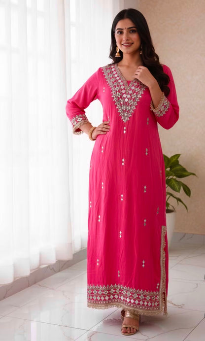 Celebrity Inspired Designer Shimmer Organza Long Dress With Embroidery and Mirror Work Detailing