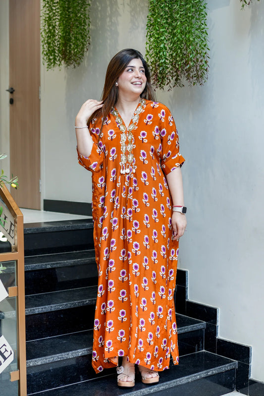 Pure Crepe Printed Designer Kaftan Style Gown