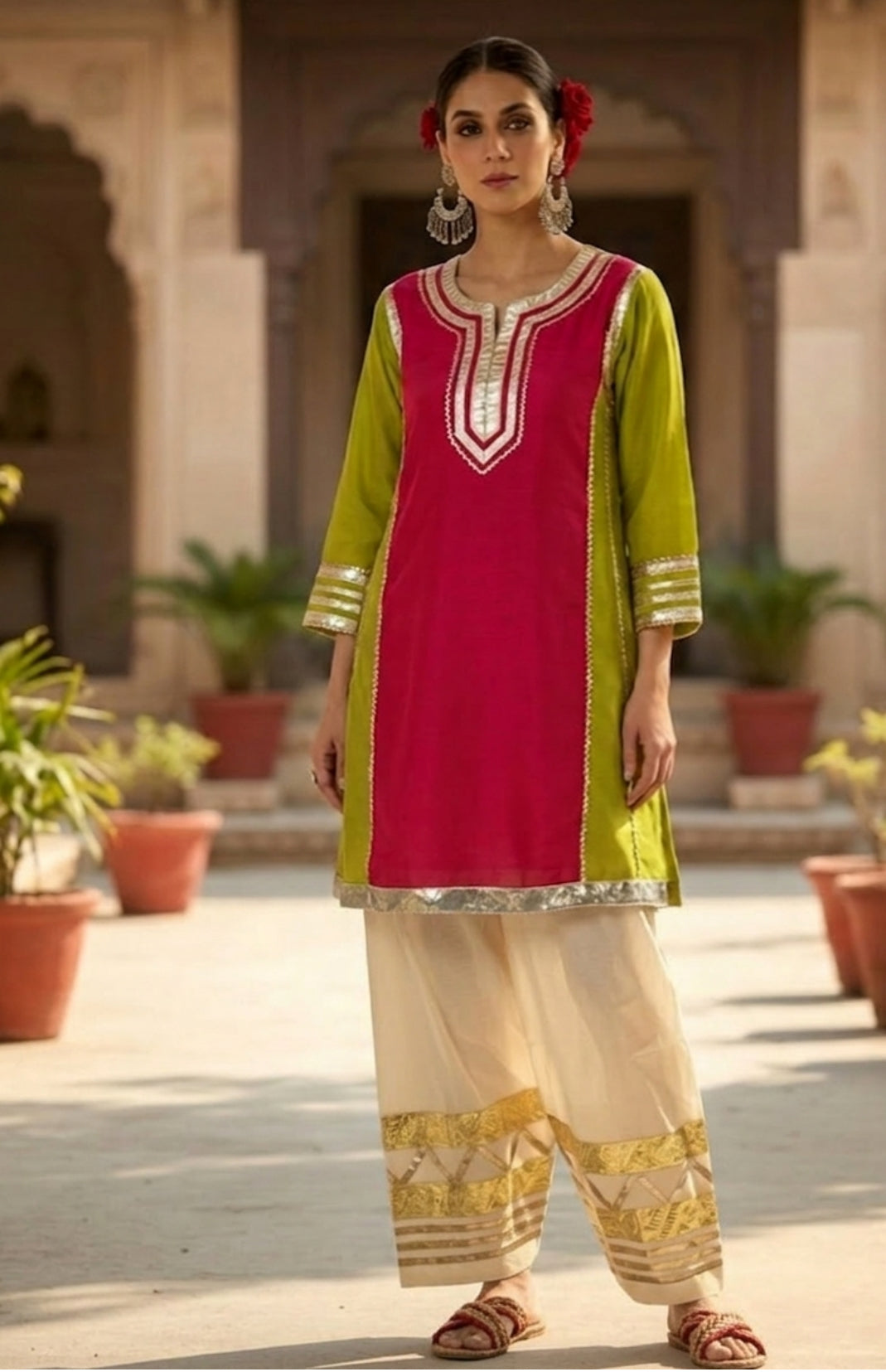 Kareena Kapoor Inspired Chanderi Silk Designer Partywear Kurta With Salwar With Gota Work