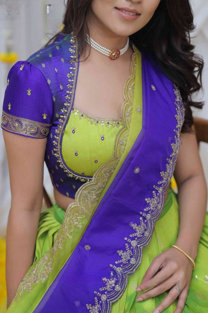 Nishkala Lime and Blue Gadval Silk Lehenga Choli
