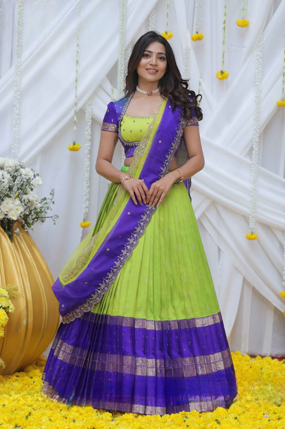 Nishkala Lime and Blue Gadval Silk Lehenga Choli