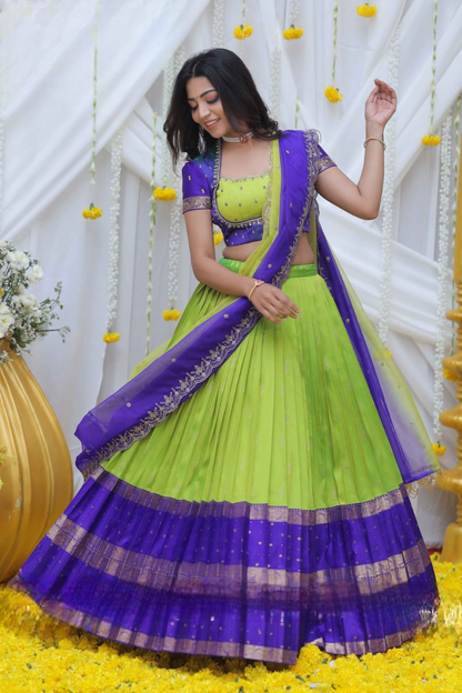 Nishkala Lime and Blue Gadval Silk Lehenga Choli