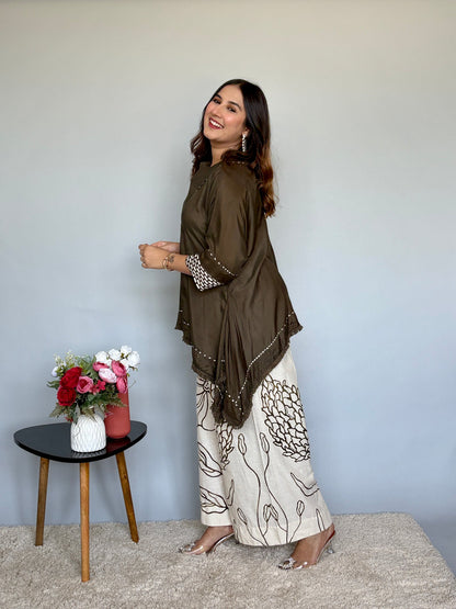 Designer Trendy Kaftan Style Top With Printed Flared Plazo Pants