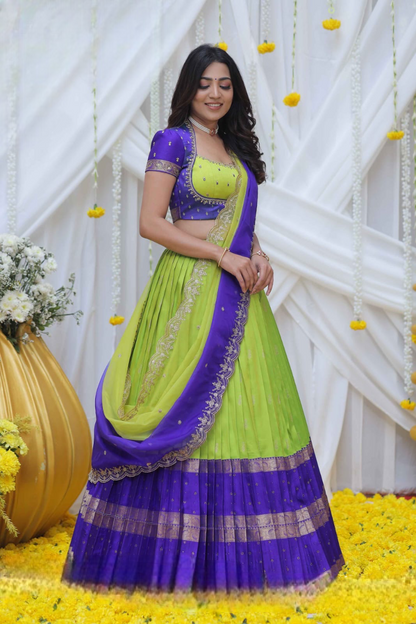 Nishkala Lime and Blue Gadval Silk Lehenga Choli