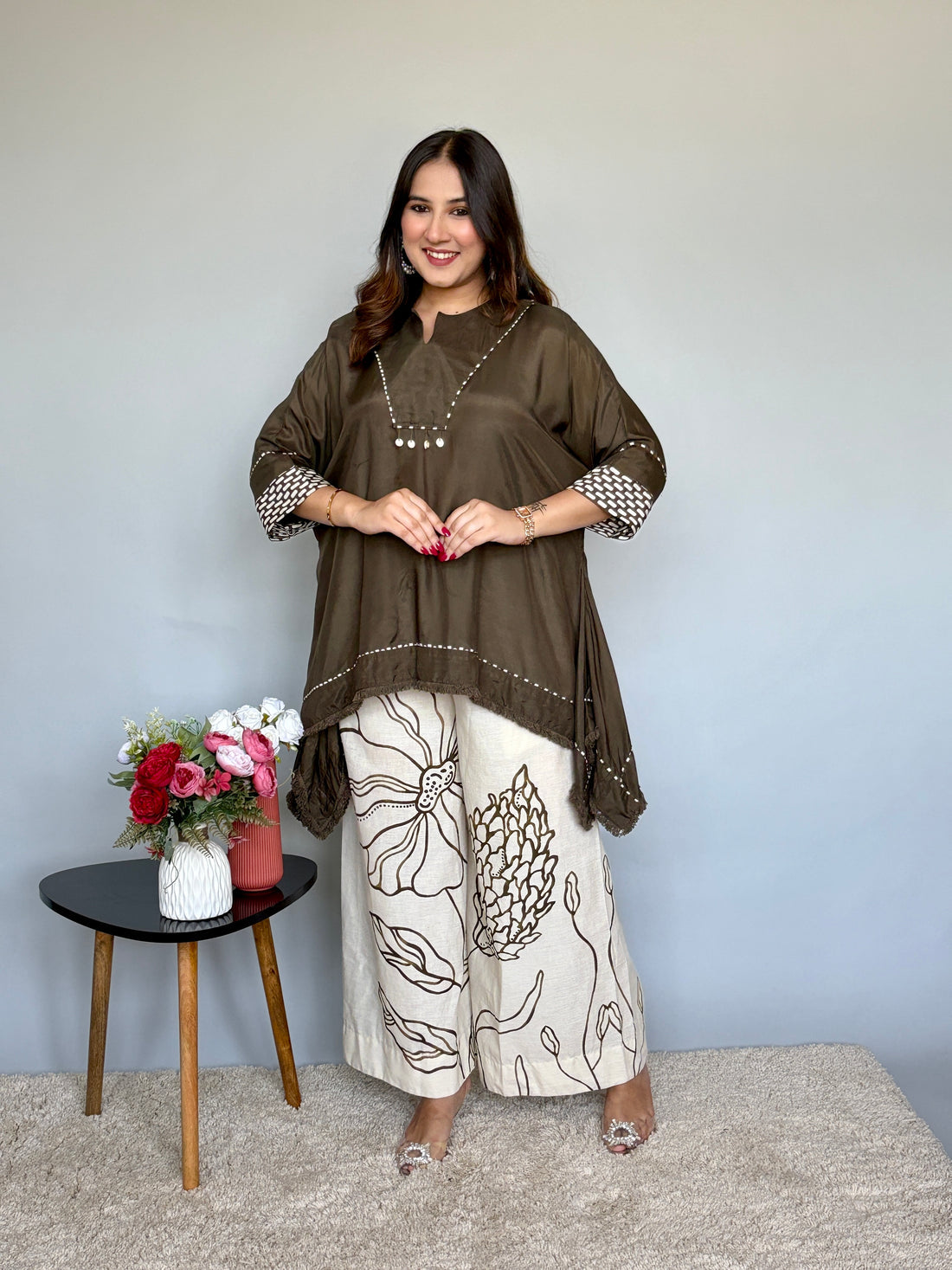 Designer Trendy Kaftan Style Top With Printed Flared Plazo Pants