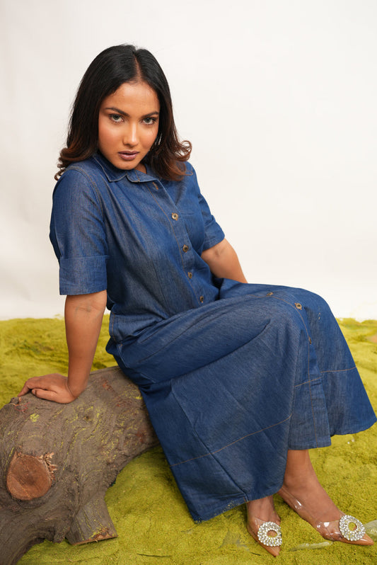 Designer Soft Denim Long Maxi Button Down Dress