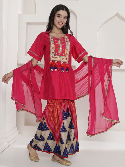 Designer Pink Geometric Prints Mirror Work Sharara Suit Set