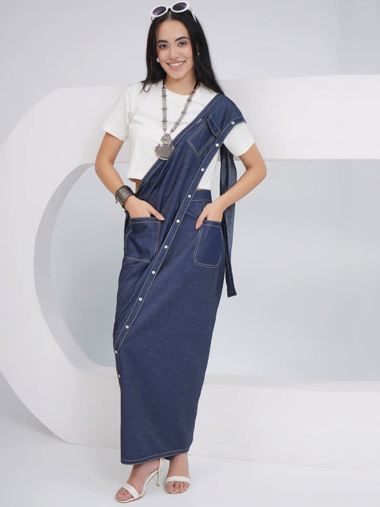 Designer Denim Skirt With Attached Drape And Top