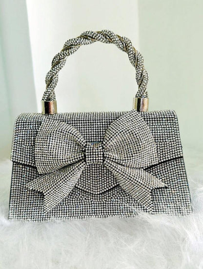 Shiny Silver Rhinestone & Bow Knot Decor Party Evening Bag