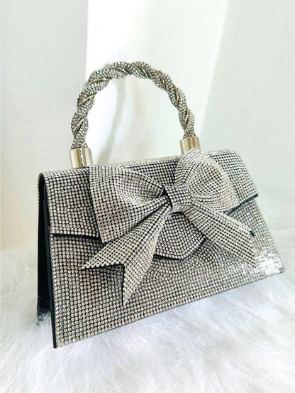 Shiny Silver Rhinestone & Bow Knot Decor Party Evening Bag