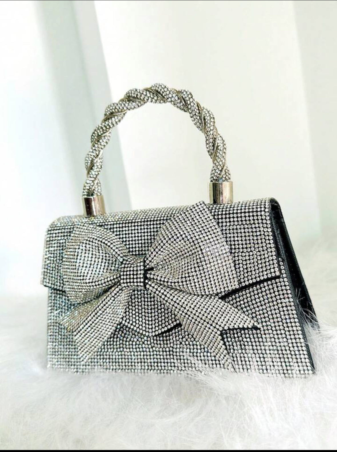 Shiny Silver Rhinestone & Bow Knot Decor Party Evening Bag