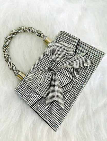 Shiny Silver Rhinestone & Bow Knot Decor Party Evening Bag