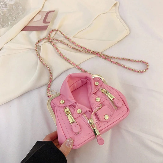 Punk jacket handbag, clip clutch with sling