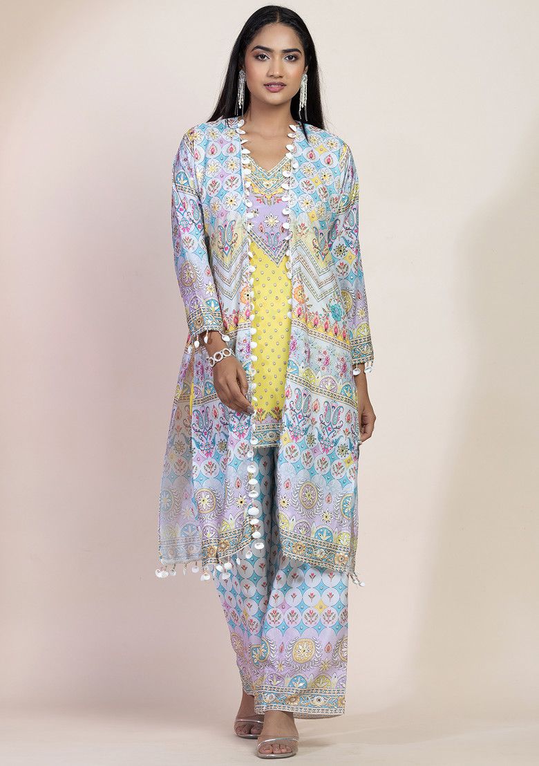 Yellow Printed Swarovski Embellished Kurta Set With Palazzo And Cape