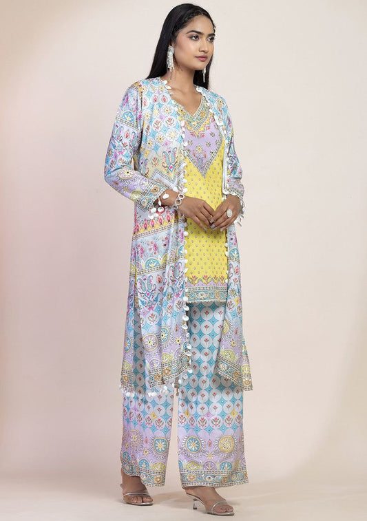 Yellow Printed Swarovski Embellished Kurta Set With Palazzo And Cape