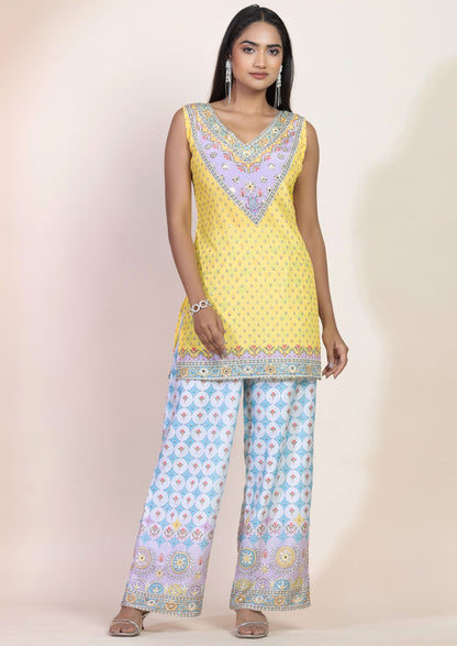 Yellow Printed Swarovski Embellished Kurta Set With Palazzo And Cape