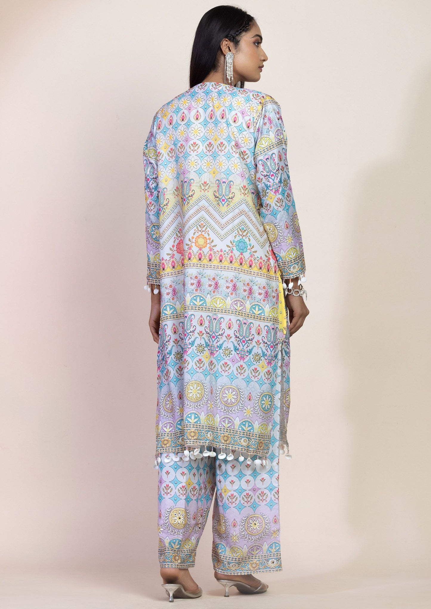 Yellow Printed Swarovski Embellished Kurta Set With Palazzo And Cape