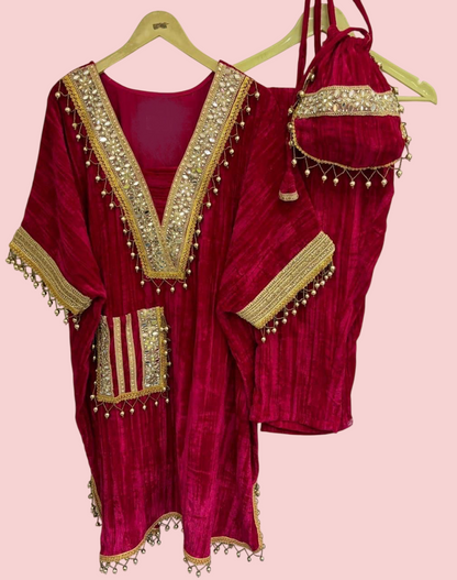 Maroon Crush Velvet Choga Co-ord Set With Potli