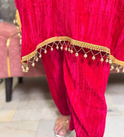 Maroon Crush Velvet Choga Co-ord Set With Potli