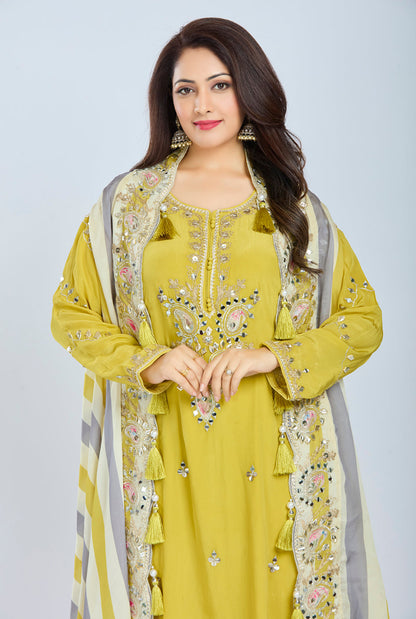Designer Partywear Yellow Pure Crepe Kurta Set with Straight Pants and Crepe Jacket