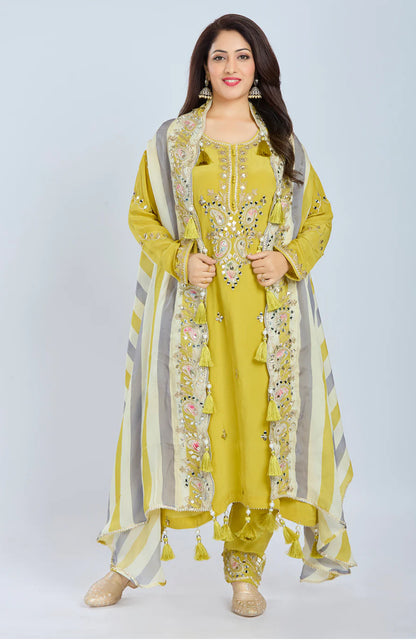 Designer Partywear Yellow Pure Crepe Kurta Set with Straight Pants and Crepe Jacket