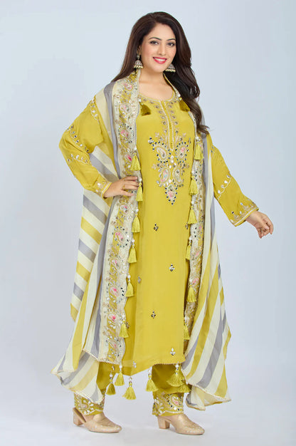Designer Partywear Yellow Pure Crepe Kurta Set with Straight Pants and Crepe Jacket