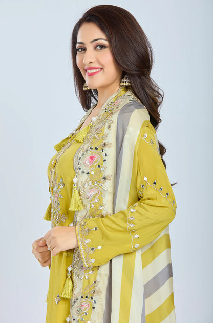 Designer Partywear Yellow Pure Crepe Kurta Set with Straight Pants and Crepe Jacket