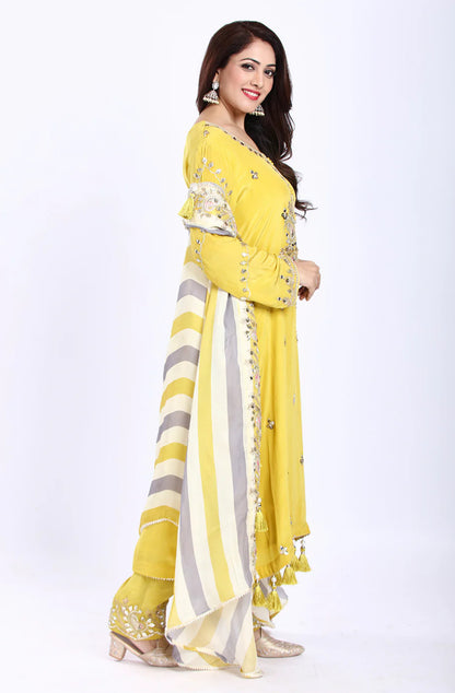 Designer Partywear Yellow Pure Crepe Kurta Set with Straight Pants and Crepe Jacket