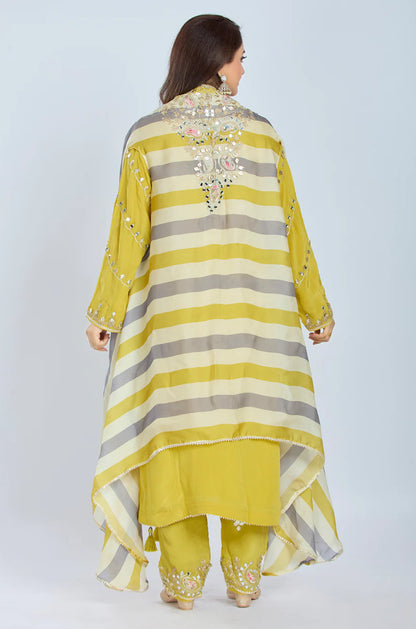 Designer Partywear Yellow Pure Crepe Kurta Set with Straight Pants and Crepe Jacket
