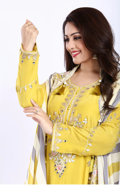 Designer Partywear Yellow Pure Crepe Kurta Set with Straight Pants and Crepe Jacket