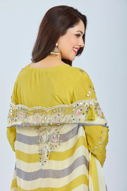Designer Partywear Yellow Pure Crepe Kurta Set with Straight Pants and Crepe Jacket