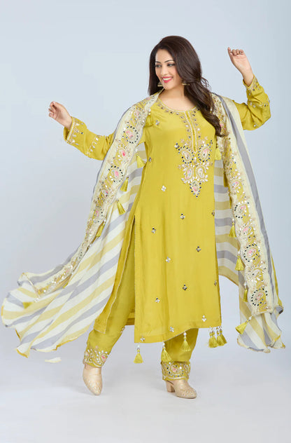 Designer Partywear Yellow Pure Crepe Kurta Set with Straight Pants and Crepe Jacket