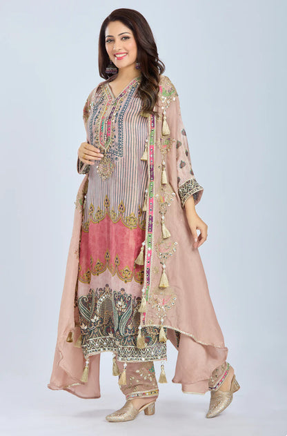 Designer Partywear Peach Chinon Kurta Set with Straight Pants and Organza Jacket With Gota Patti And Mirrorwork