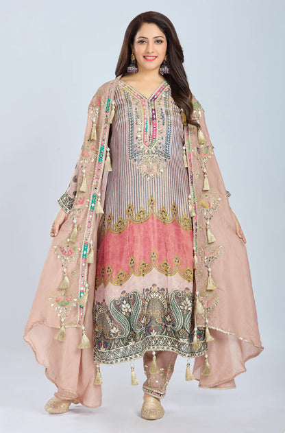 Designer Partywear Peach Chinon Kurta Set with Straight Pants and Organza Jacket With Gota Patti And Mirrorwork