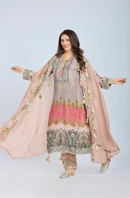 Designer Partywear Peach Chinon Kurta Set with Straight Pants and Organza Jacket With Gota Patti And Mirrorwork