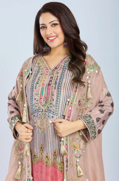 Designer Partywear Peach Chinon Kurta Set with Straight Pants and Organza Jacket With Gota Patti And Mirrorwork