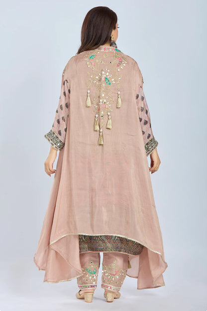 Designer Partywear Peach Chinon Kurta Set with Straight Pants and Organza Jacket With Gota Patti And Mirrorwork
